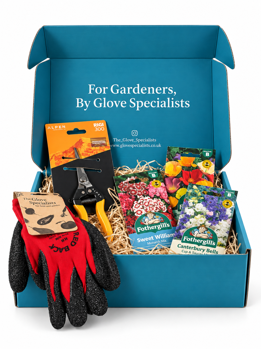 Garden Essentials Gift Box featuring Red Back gardening gloves, Alpen dead heading snips and Mr Fothergill's flower seeds