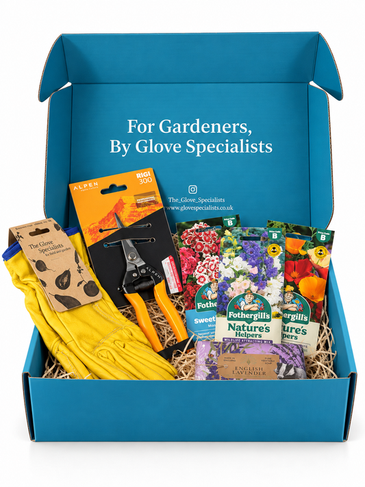 Gardeners Retreat Gift Box featuring lined leather gardening gloves, Alpen Swiss Tools snips, flower seeds and English Lavender soap