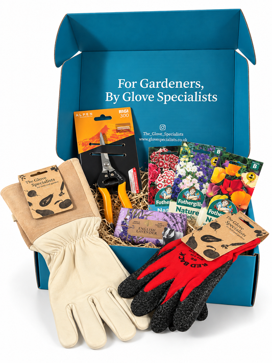 Gardeners Luxury Collection Gift Box featuring leather gauntlet gloves, Red Back close-fit gloves, Alpen snips, flower seeds and English Lavender soap