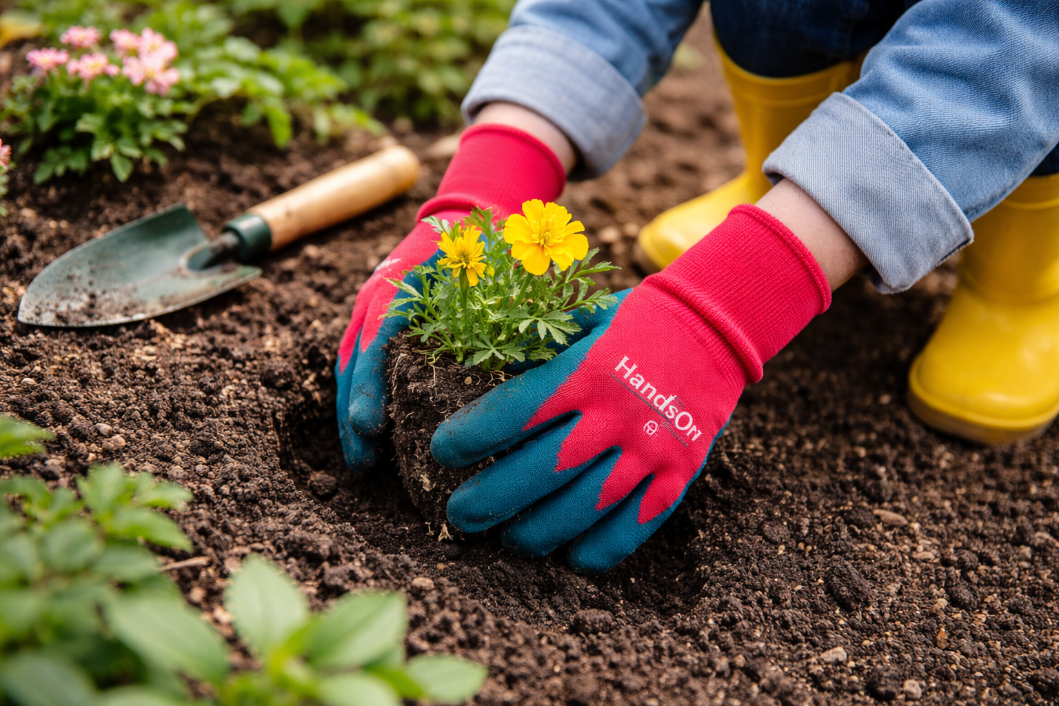 HandsOn™ Children’s gardening gloves with red knit backs, blue textured grip palms, elasticated cuffs, designed to protect kids’ hands during gardening and outdoor play.